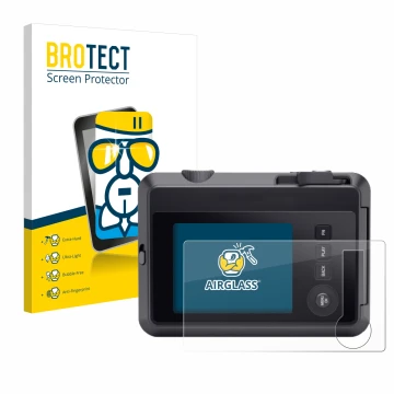 Vorderseite einer Produktverpackung mit dem Markenlogo BROTECT. Daneben ist das Gerät Leica SOFORT 2 mit dem zugehörigen Displ