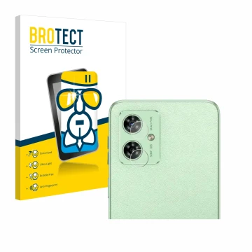 Vorderseite einer Produktverpackung mit dem Markenlogo BROTECT. Daneben ist das Gerät Motorola Moto G54 (NUR Kameraschutz) mit