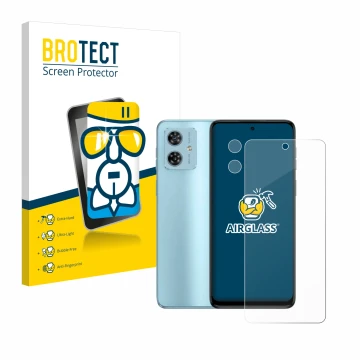 Vorderseite einer Produktverpackung mit dem Markenlogo BROTECT. Daneben ist das Gerät Motorola Moto G54 (Display+Kamera) mit d