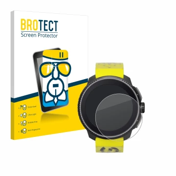 Vorderseite einer Produktverpackung mit dem Markenlogo BROTECT. Daneben ist das Gerät Suunto Race mit dem zugehörigen Displays