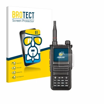 Vorderseite einer Produktverpackung mit dem Markenlogo BROTECT. Daneben ist das Gerät Radtel RT-470X mit dem zugehörigen Displ