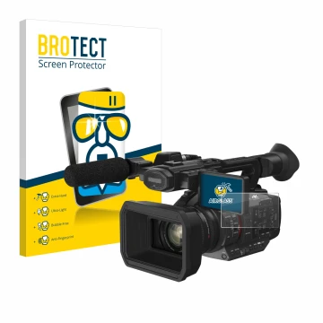 Vorderseite einer Produktverpackung mit dem Markenlogo BROTECT. Daneben ist das Gerät Panasonic HC-X2 mit dem zugehörigen Disp