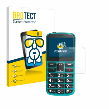 Vorderseite einer Produktverpackung mit dem Markenlogo BROTECT. Daneben ist das Gerät Uleway Seniorenhandy mit dem zugehörigen