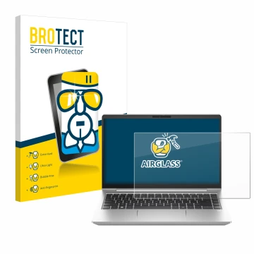 Vorderseite einer Produktverpackung mit dem Markenlogo BROTECT. Daneben ist das Gerät HP ProBook 445 G10 mit dem zugehörigen D
