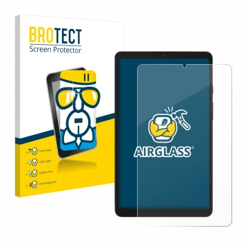 Vorderseite einer Produktverpackung mit dem Markenlogo BROTECT. Daneben ist das Gerät Samsung Galaxy Tab A9 WiFi mit dem zugeh