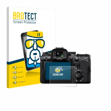 Vorderseite einer Produktverpackung mit dem Markenlogo BROTECT. Daneben ist das Gerät Sony Alpha 9 III mit dem zugehörigen Dis