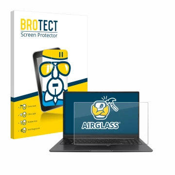 Vorderseite einer Produktverpackung mit dem Markenlogo BROTECT. Daneben ist das Gerät ASUS Vivobook 15 OLED mit dem zugehörige