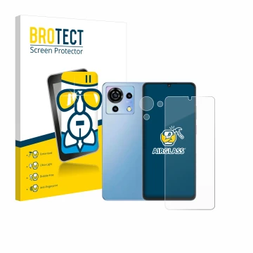 Vorderseite einer Produktverpackung mit dem Markenlogo BROTECT. Daneben ist das Gerät ZTE Blade V50 Vita (Display+Kamera) mit 