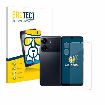 Vorderseite einer Produktverpackung mit dem Markenlogo BROTECT. Daneben ist das Gerät Xiaomi Poco C65 (Display+Kamera) mit dem