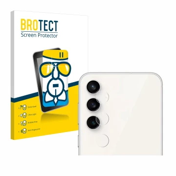 Vorderseite einer Produktverpackung mit dem Markenlogo BROTECT. Daneben ist das Gerät Samsung Galaxy S23 FE (NUR Kameraschutz)