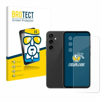 Vorderseite einer Produktverpackung mit dem Markenlogo BROTECT. Daneben ist das Gerät Samsung Galaxy S23 FE (Display+Kamera) m