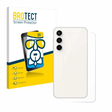 Vorderseite einer Produktverpackung mit dem Markenlogo BROTECT. Daneben ist das Gerät Samsung Galaxy S23 FE (Rückseite) mit de