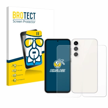 Vorderseite einer Produktverpackung mit dem Markenlogo BROTECT. Daneben ist das Gerät Samsung Galaxy S23 FE (Display+Rückseite