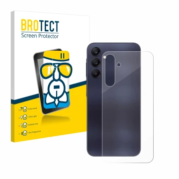 Vorderseite einer Produktverpackung mit dem Markenlogo BROTECT. Daneben ist das Gerät Samsung Galaxy A25 5G (Rückseite) mit de