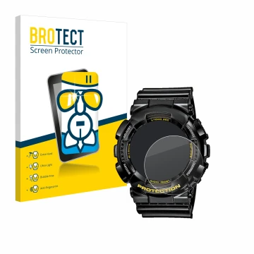 Vorderseite einer Produktverpackung mit dem Markenlogo BROTECT. Daneben ist das Gerät Casio G-Shock GA-110GB-1A mit dem zugehö