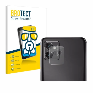 Vorderseite einer Produktverpackung mit dem Markenlogo BROTECT. Daneben ist das Gerät Motorola Moto G32 (NUR Kameraschutz) mit