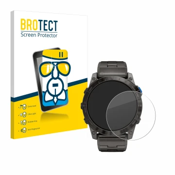 Vorderseite einer Produktverpackung mit dem Markenlogo BROTECT. Daneben ist das Gerät Garmin D2 Mach1 Pro mit dem zugehörigen 