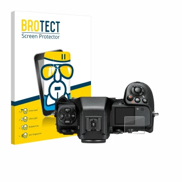 Vorderseite einer Produktverpackung mit dem Markenlogo BROTECT. Daneben ist das Gerät Nikon Z 8 (Schulterdisplay) mit dem zuge