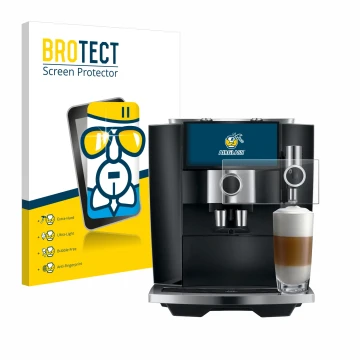 Vorderseite einer Produktverpackung mit dem Markenlogo BROTECT. Daneben ist das Gerät Jura J8 twin mit dem zugehörigen Display