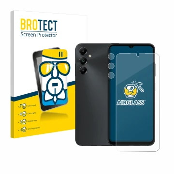 Vorderseite einer Produktverpackung mit dem Markenlogo BROTECT. Daneben ist das Gerät Samsung Galaxy A05s (Display+Kamera) mit