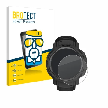 Vorderseite einer Produktverpackung mit dem Markenlogo BROTECT. Daneben ist das Gerät Garmin Instinct Crossover AMOLED mit dem