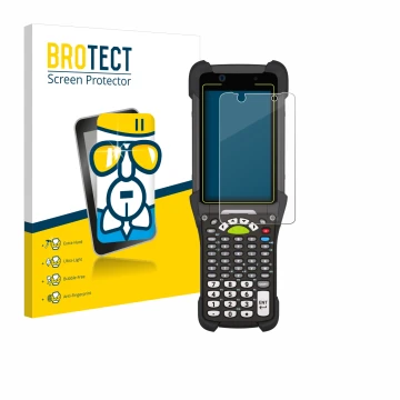 Vorderseite einer Produktverpackung mit dem Markenlogo BROTECT. Daneben ist das Gerät Zebra MC9400 mit dem zugehörigen Display