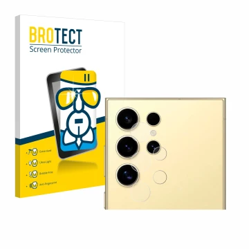 Vorderseite einer Produktverpackung mit dem Markenlogo BROTECT. Daneben ist das Gerät Samsung Galaxy S24 Ultra (NUR Kameraschu