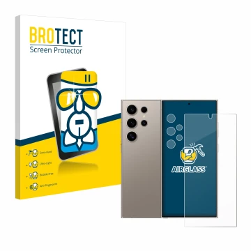 Vorderseite einer Produktverpackung mit dem Markenlogo BROTECT. Daneben ist das Gerät Samsung Galaxy S24 Ultra (case-friendly)