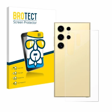 Vorderseite einer Produktverpackung mit dem Markenlogo BROTECT. Daneben ist das Gerät Samsung Galaxy S24 Ultra (Rückseite) mit