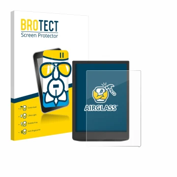 Vorderseite einer Produktverpackung mit dem Markenlogo BROTECT. Daneben ist das Gerät Vivlio InkPad 4 mit dem zugehörigen Disp