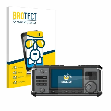 Vorderseite einer Produktverpackung mit dem Markenlogo BROTECT. Daneben ist das Gerät Xiegu X6200 mit dem zugehörigen Displays