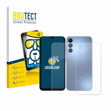 Vorderseite einer Produktverpackung mit dem Markenlogo BROTECT. Daneben ist das Gerät Samsung Galaxy A15 (Display+Rückseite) m