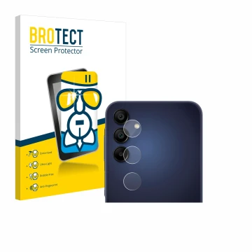 Vorderseite einer Produktverpackung mit dem Markenlogo BROTECT. Daneben ist das Gerät Samsung Galaxy A15 5G (NUR Kameraschutz)