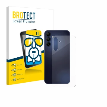 Vorderseite einer Produktverpackung mit dem Markenlogo BROTECT. Daneben ist das Gerät Samsung Galaxy A15 5G (Rückseite) mit de