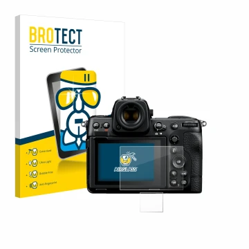 Vorderseite einer Produktverpackung mit dem Markenlogo BROTECT. Daneben ist das Gerät Nikon Z 8 (Display + Schulterdisplay) mi