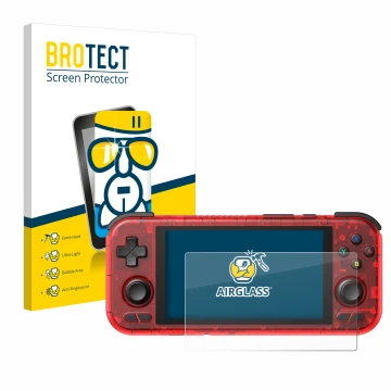 Vorderseite einer Produktverpackung mit dem Markenlogo BROTECT. Daneben ist das Gerät Retroid Pocket 4 Pro mit dem zugehörigen