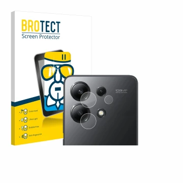 Vorderseite einer Produktverpackung mit dem Markenlogo BROTECT. Daneben ist das Gerät Xiaomi Redmi Note 13 (NUR Kameraschutz) 