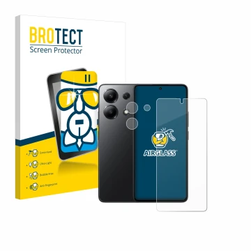 Vorderseite einer Produktverpackung mit dem Markenlogo BROTECT. Daneben ist das Gerät Xiaomi Redmi Note 13 5G (Display+Kamera)