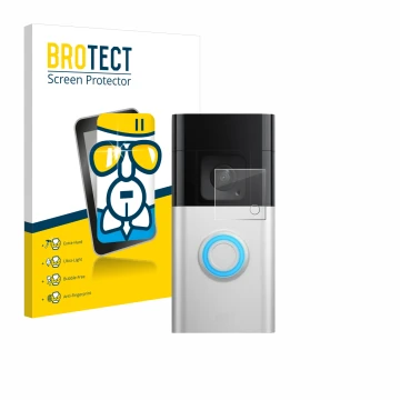 Vorderseite einer Produktverpackung mit dem Markenlogo BROTECT. Daneben ist das Gerät Ring Video Doorbell Plus mit dem zugehör