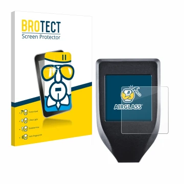 Vorderseite einer Produktverpackung mit dem Markenlogo BROTECT. Daneben ist das Gerät Trezor Model T mit dem zugehörigen Displ