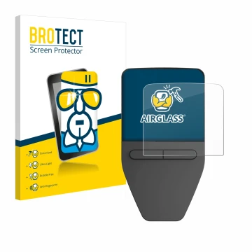 Vorderseite einer Produktverpackung mit dem Markenlogo BROTECT. Daneben ist das Gerät Trezor Safe 3 mit dem zugehörigen Displa