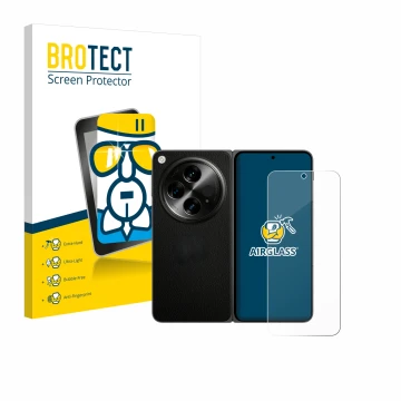 Vorderseite einer Produktverpackung mit dem Markenlogo BROTECT. Daneben ist das Gerät OnePlus Open (case-friendly) mit dem zug