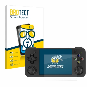 Vorderseite einer Produktverpackung mit dem Markenlogo BROTECT. Daneben ist das Gerät Anbernic RG35XX H mit dem zugehörigen Di