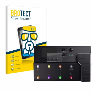 Vorderseite einer Produktverpackung mit dem Markenlogo BROTECT. Daneben ist das Gerät Line 6 POD Go mit dem zugehörigen Displa
