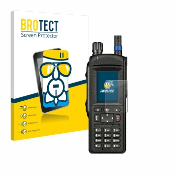 Vorderseite einer Produktverpackung mit dem Markenlogo BROTECT. Daneben ist das Gerät Motorola MTP6650 mit dem zugehörigen Dis