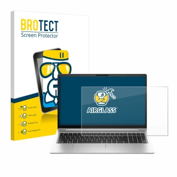 Vorderseite einer Produktverpackung mit dem Markenlogo BROTECT. Daneben ist das Gerät HP EliteBook 640 G10 mit dem zugehörigen