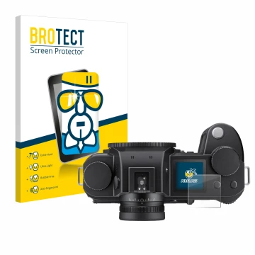 Vorderseite einer Produktverpackung mit dem Markenlogo BROTECT. Daneben ist das Gerät Leica SL3 (Schulterdisplay) mit dem zuge