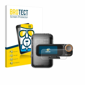 Vorderseite einer Produktverpackung mit dem Markenlogo BROTECT. Daneben ist das Gerät DJI Mic 2 (Receiver) mit dem zugehörigen