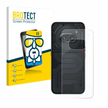 Vorderseite einer Produktverpackung mit dem Markenlogo BROTECT. Daneben ist das Gerät Nothing Phone (2a) (Rückseite) mit dem z