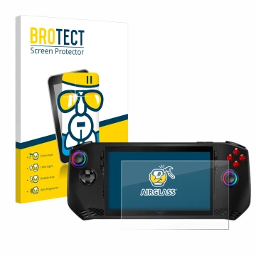 Vorderseite einer Produktverpackung mit dem Markenlogo BROTECT. Daneben ist das Gerät MSI Claw A1M mit dem zugehörigen Display